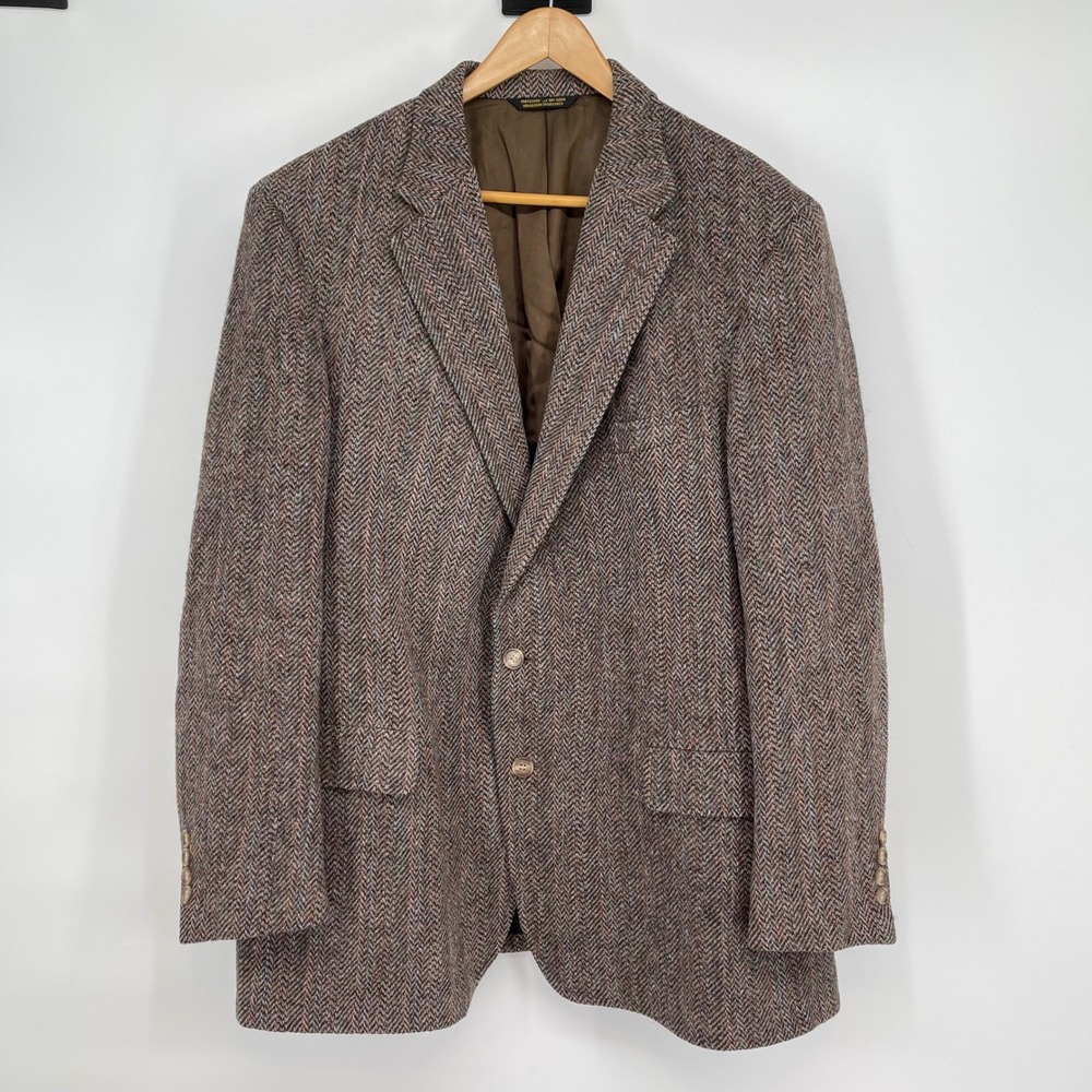 Harris‎ Tweed Herringbone Blazer Brown Scottish Wool Sport Coat Men's 42 Reg